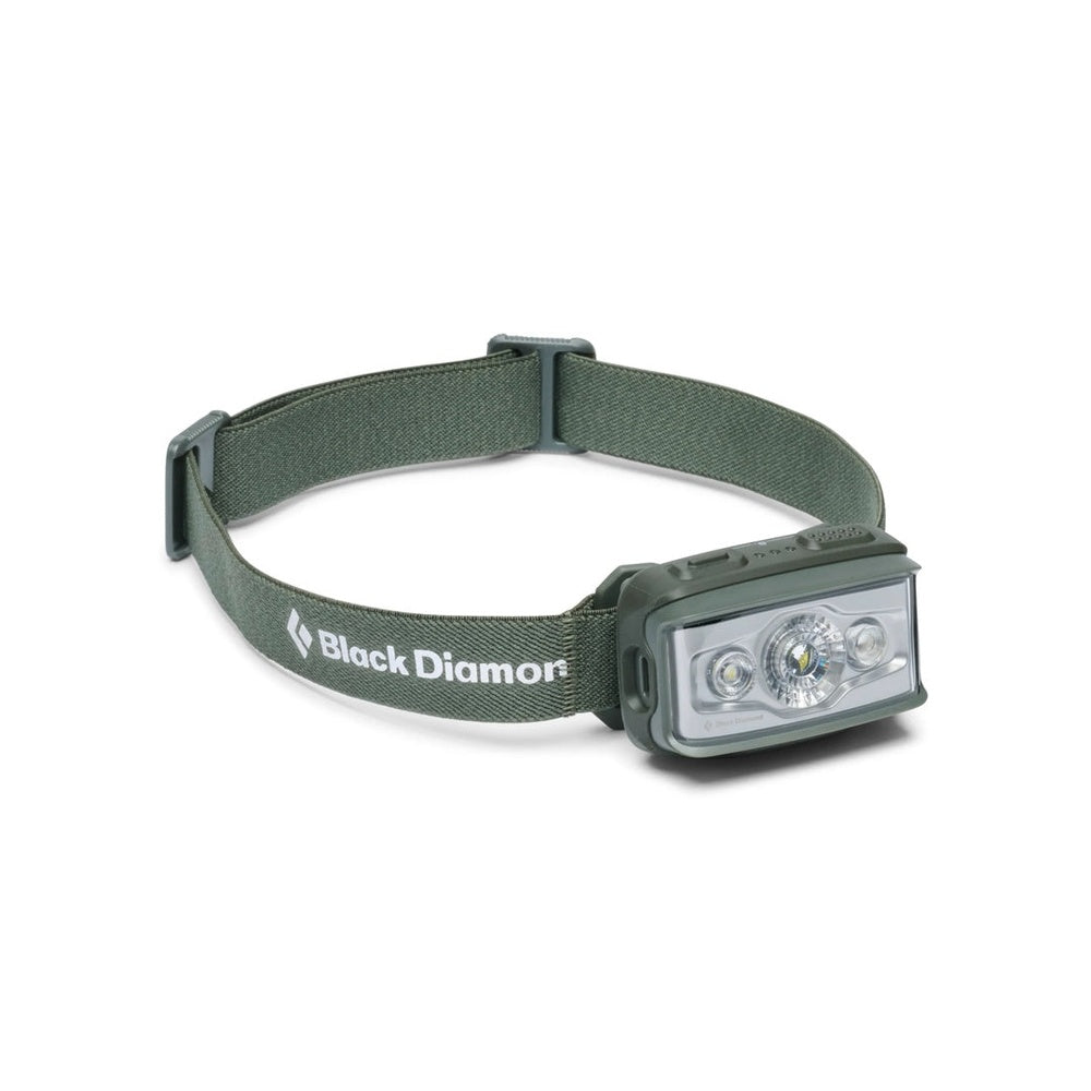 Black Diamond Storm headlamp in Tundra green colorway with elastic headband on white background