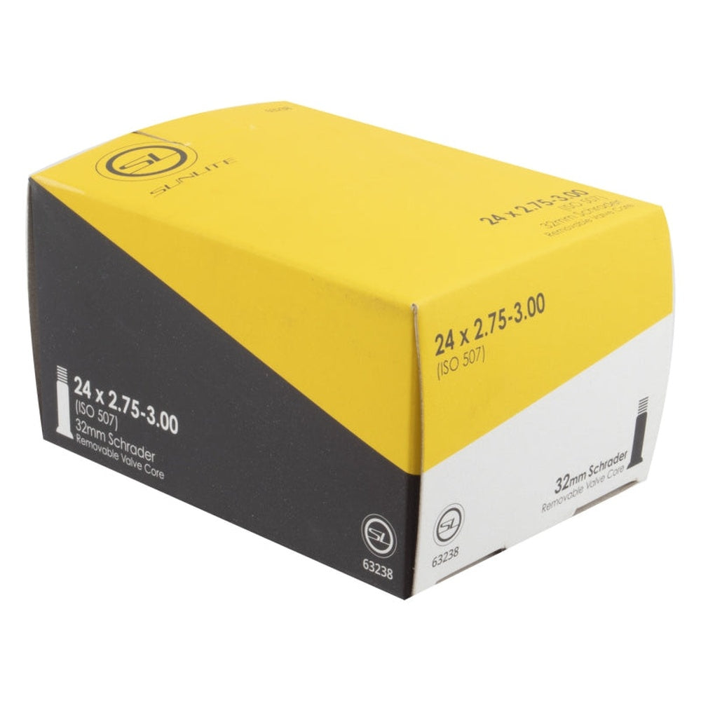 Sunlite bicycle tube box in yellow and black packaging for 24x2.75-3.00 tires