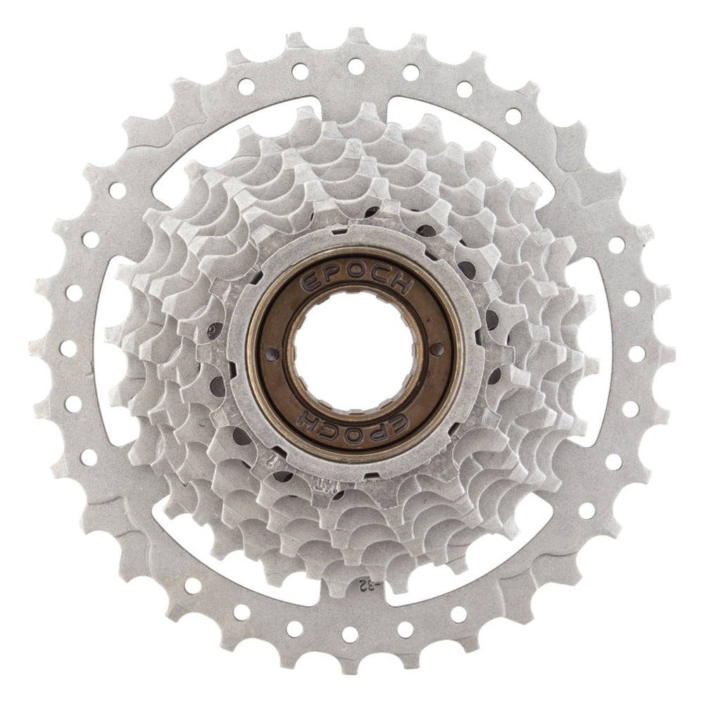 Sunlite 7-speed 14-32 freewheel cassette in silver metallic finish with bronze hub
