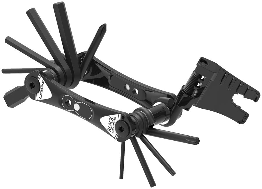 Lezyne RAP II 6 black multi-tool fully opened showing all hex keys and tools