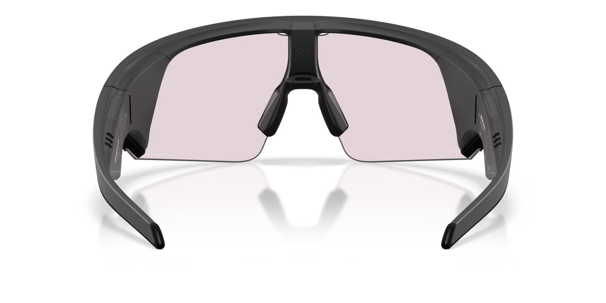 Oakley Meta Vanguard sunglasses rear view, matte black frame with Prizm Transitions Ember lenses