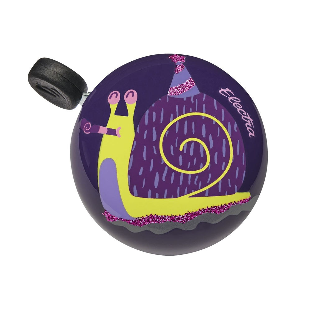 Electra Domed Ringer bicycle bell featuring a cartoon party snail on purple background