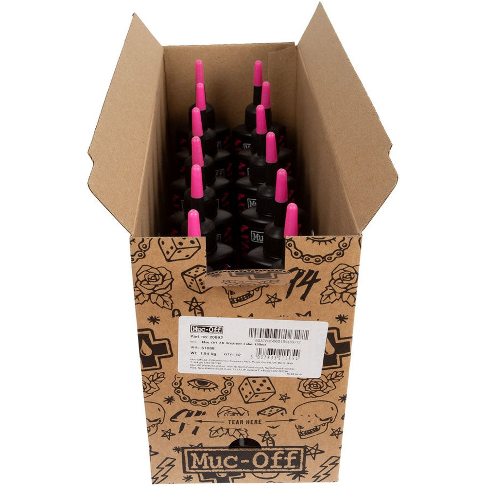 Muc-Off All Weather Lube 120ml 12-pack in branded kraft cardboard display box