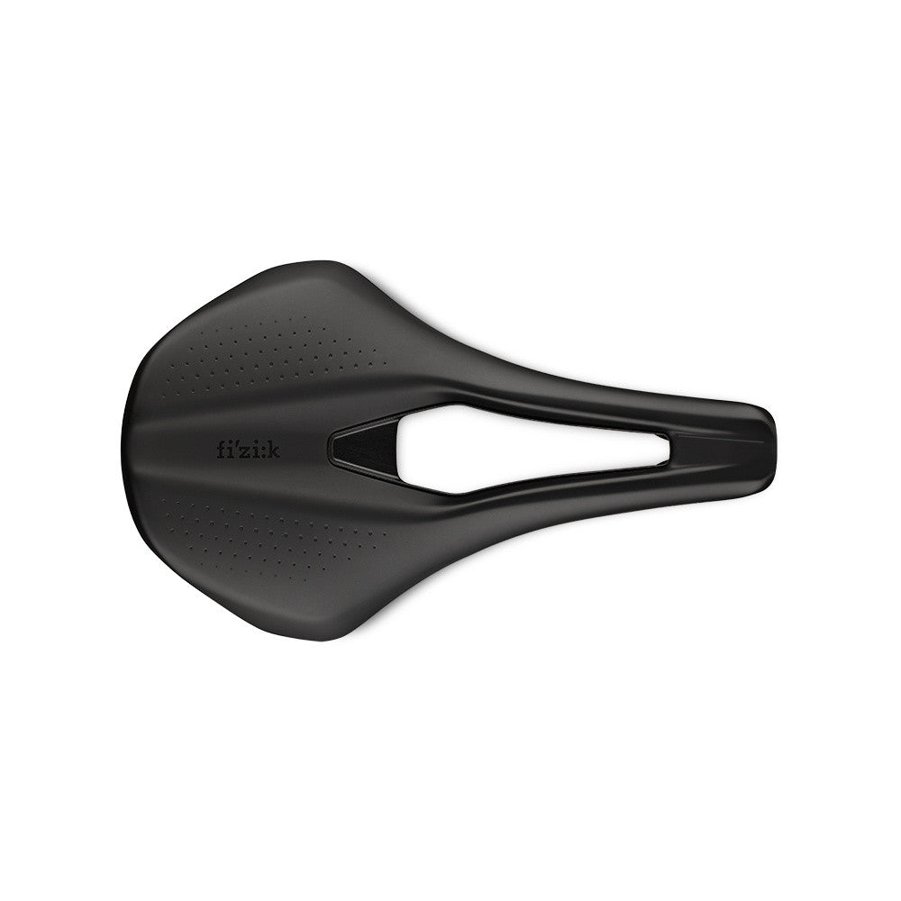 Fizik Tempo Argo R1 black bicycle saddle with cutout design and perforated surface