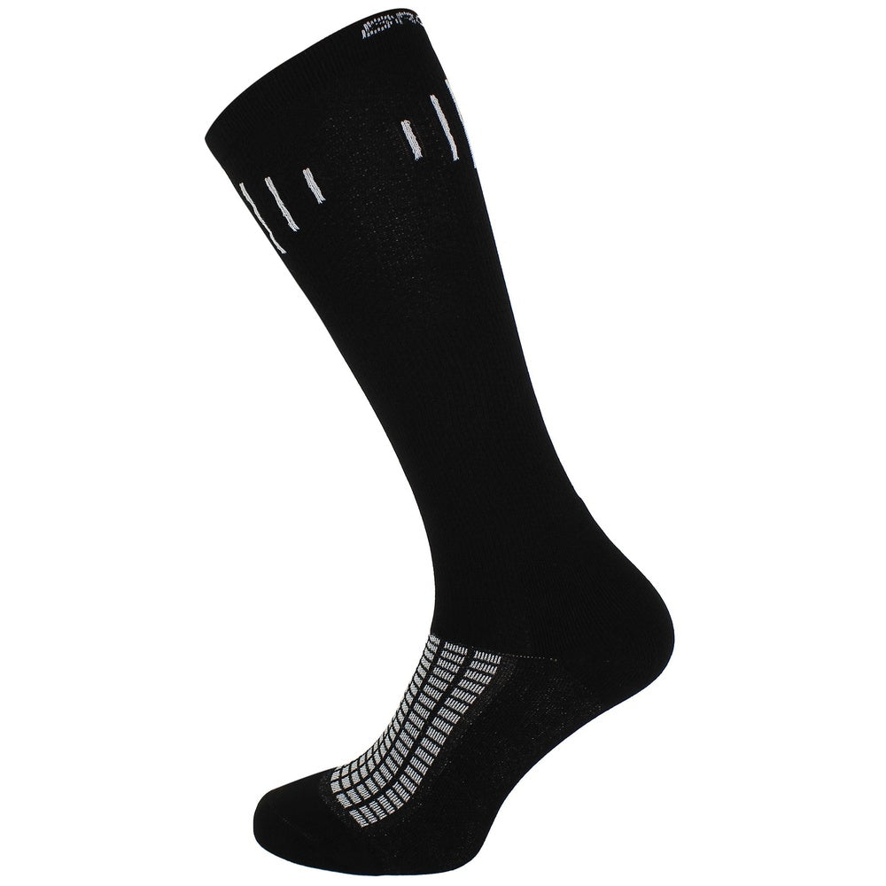 Brooks knee-high black compression sock with white stripe accents and gray cushioned sole