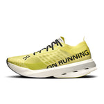 On Cloudboom Strike running shoe in limelight yellow with ON RUNNING text