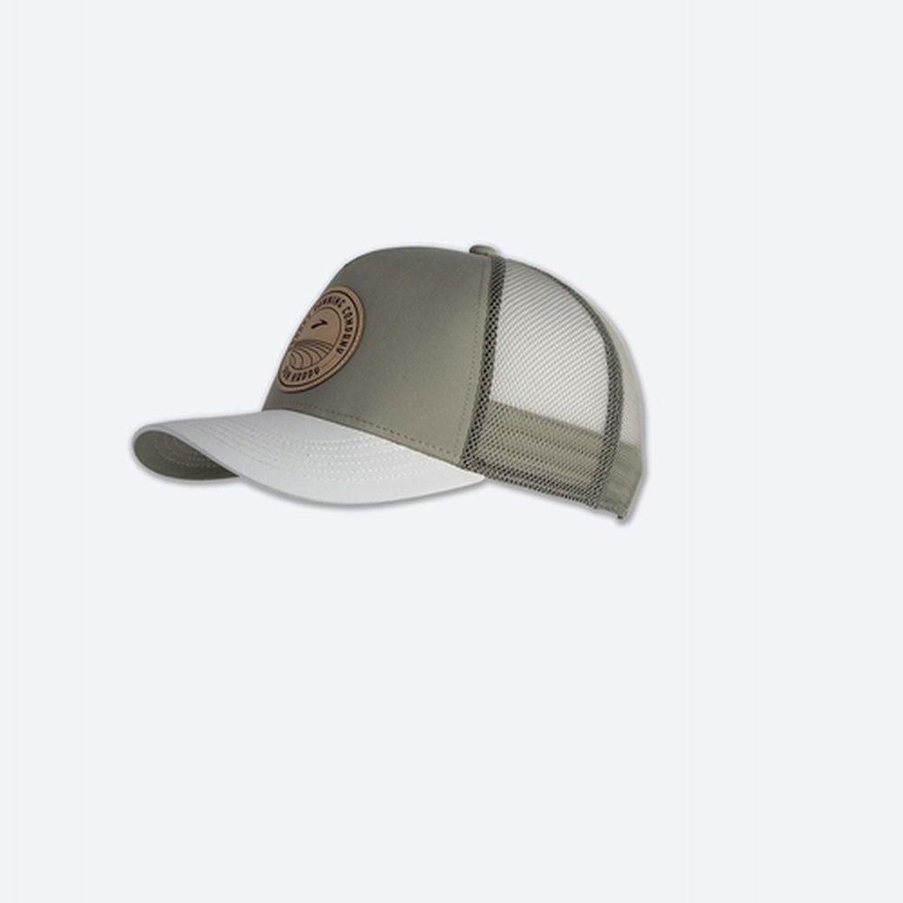 Brooks Surge Trucker Hat in Pebble Light Mint with leather logo patch on clean white background