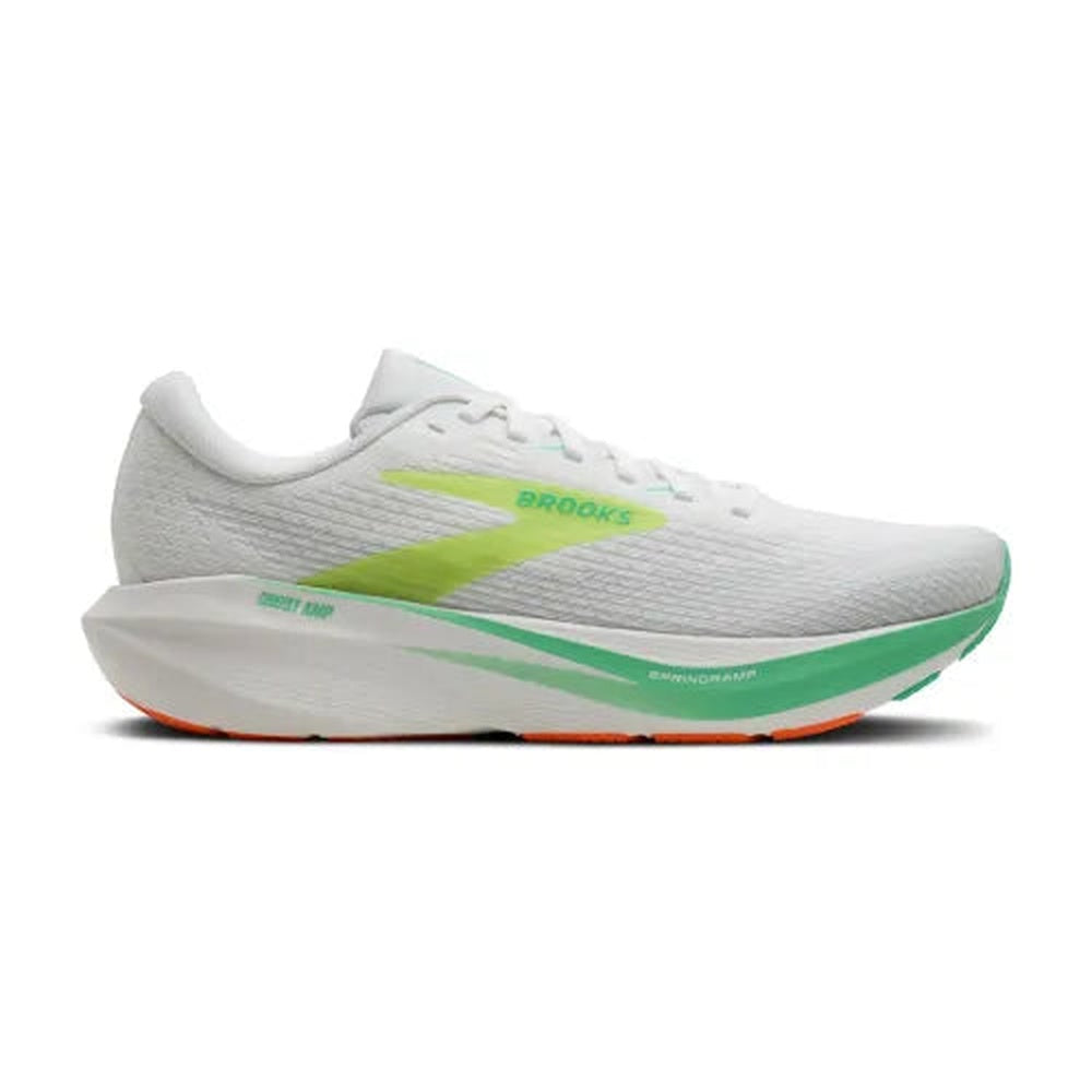 Brooks Ghost Amp running shoe in white with paradise green and nightlife accents