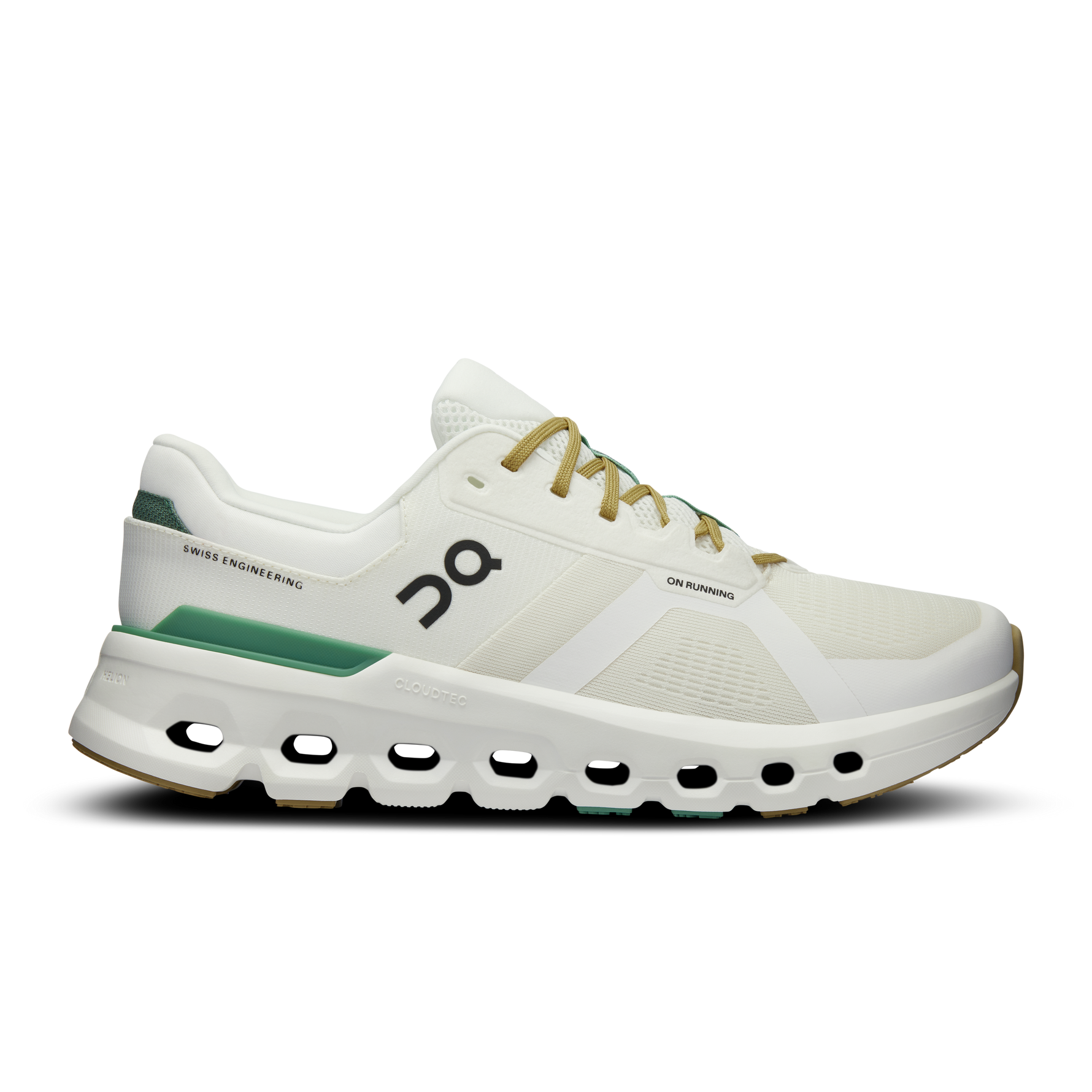 On Cloudrunner 2 men's running shoe in white and sand colorway with signature CloudTec sole