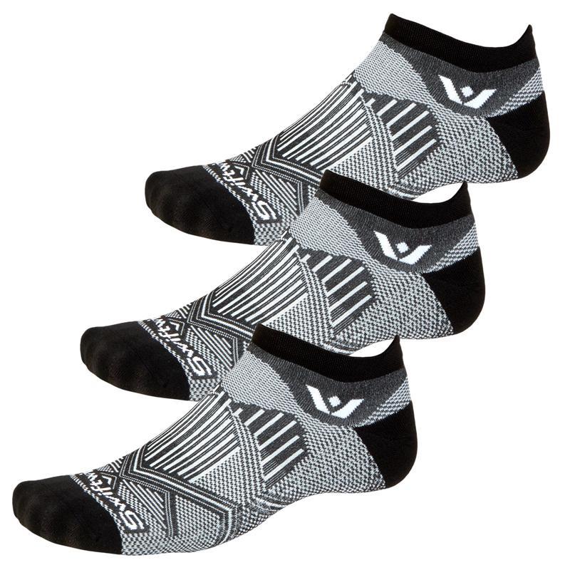 Three Swiftwick Aspire Zero Tab no-show running socks in black and white geometric pattern