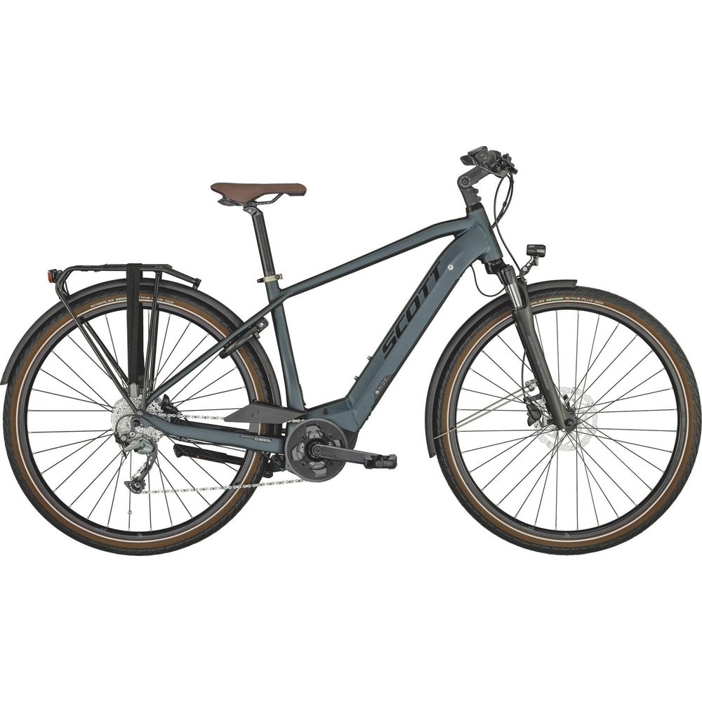 Scott Sub Active eRIDE electric bike in slate gray with brown leather seat