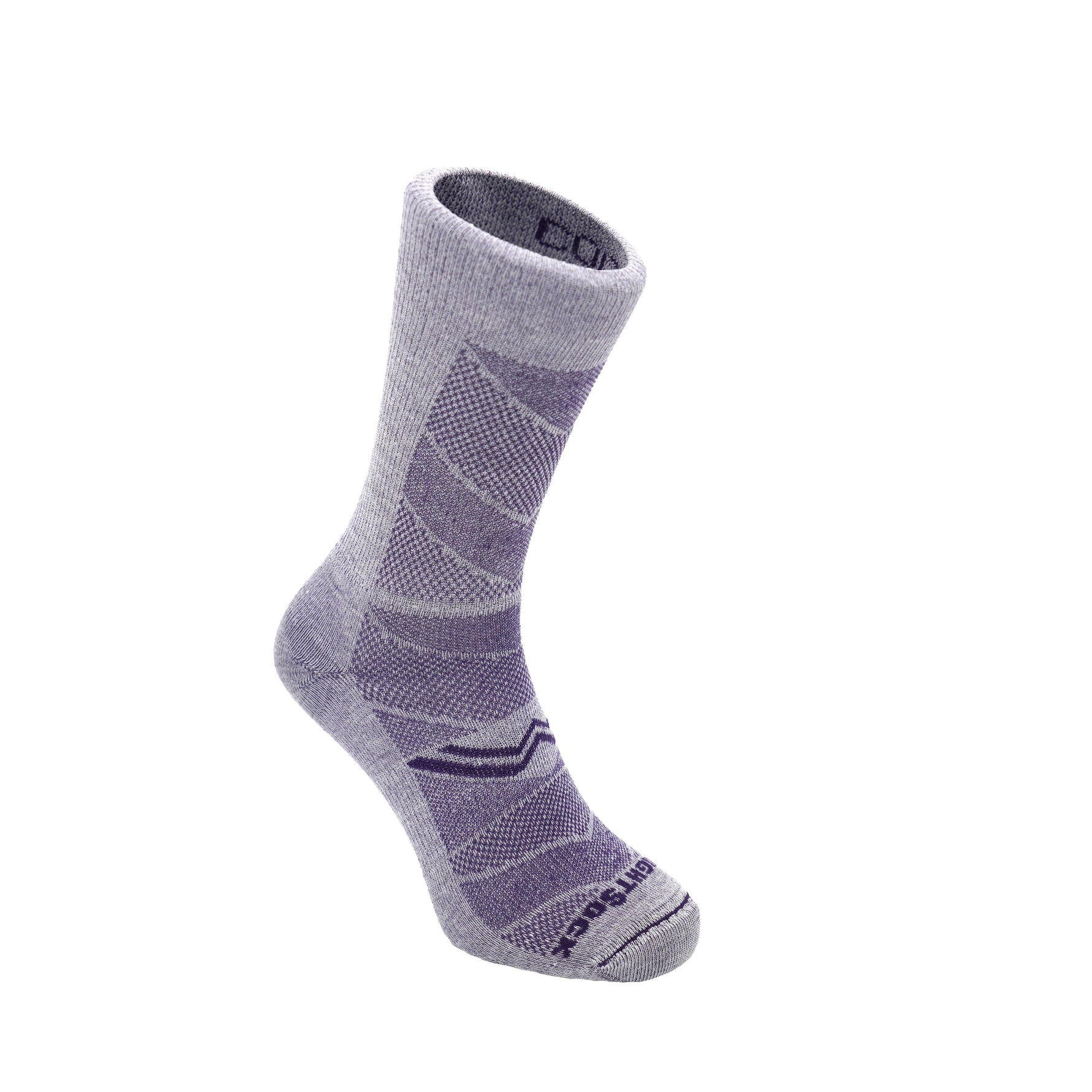 Wrightsock Coolmesh II crew length anti-blister sock in cloud grey with purple accents