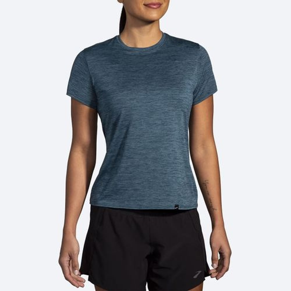 Women's Brooks Luxe Short Sleeve running shirt in heathered ocean drive blue with black shorts