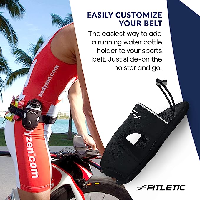 Fitletic black bottle holster shown on athlete cycling with belt customization text overlay