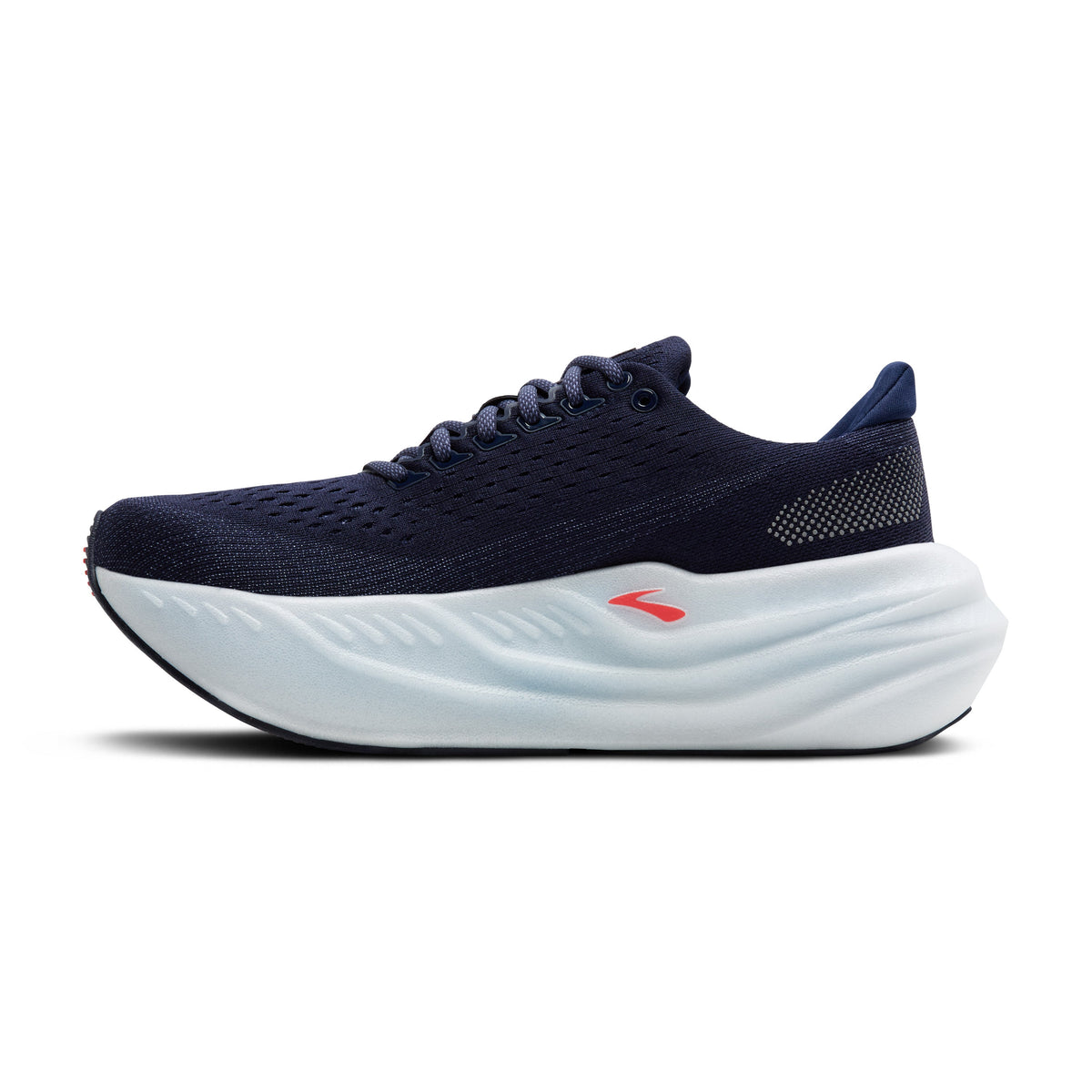 Brooks Glycerin Max running shoe in navy peacoat with white sole and coral accent
