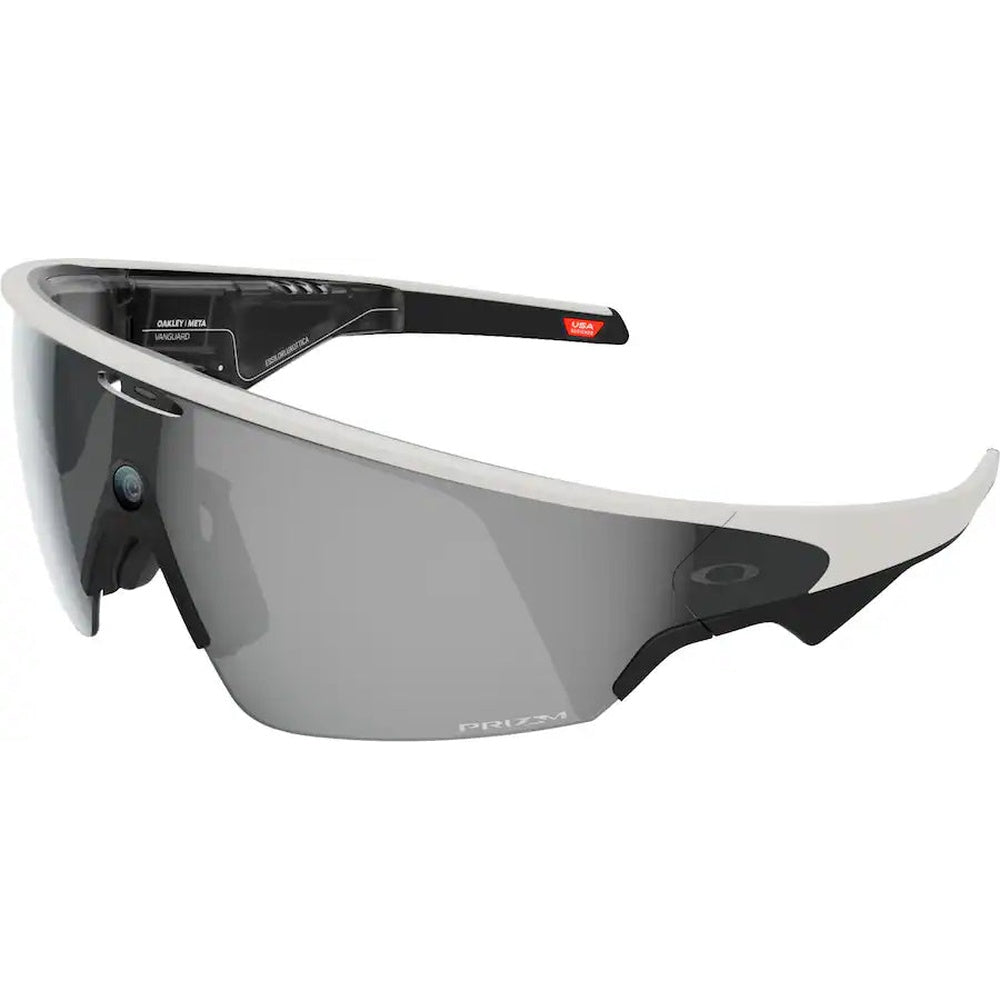 Oakley Meta Vanguard sunglasses with white frame, black accents, and Prizm Black lenses
