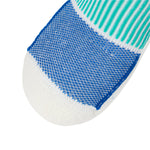 Thorlos men's low cut sock closeup showing white toe, blue body, and teal stripes
