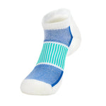 Thorlos men's white low cut ankle sock with blue and teal stripe pattern
