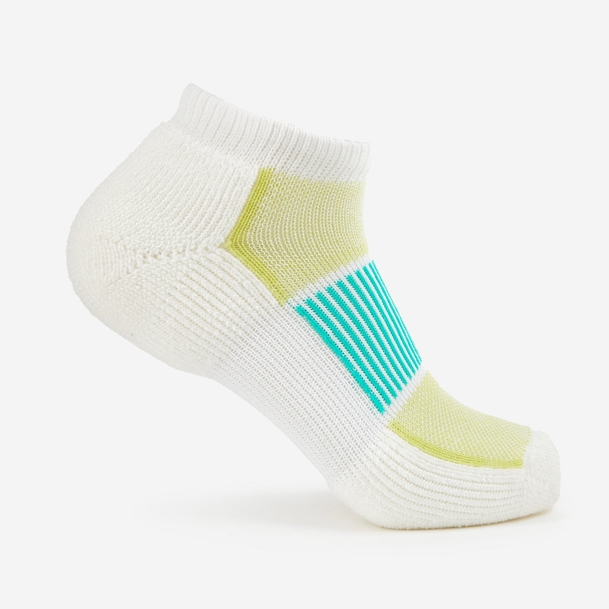 Thorlos women's white low cut ankle sock with lime green and teal accents