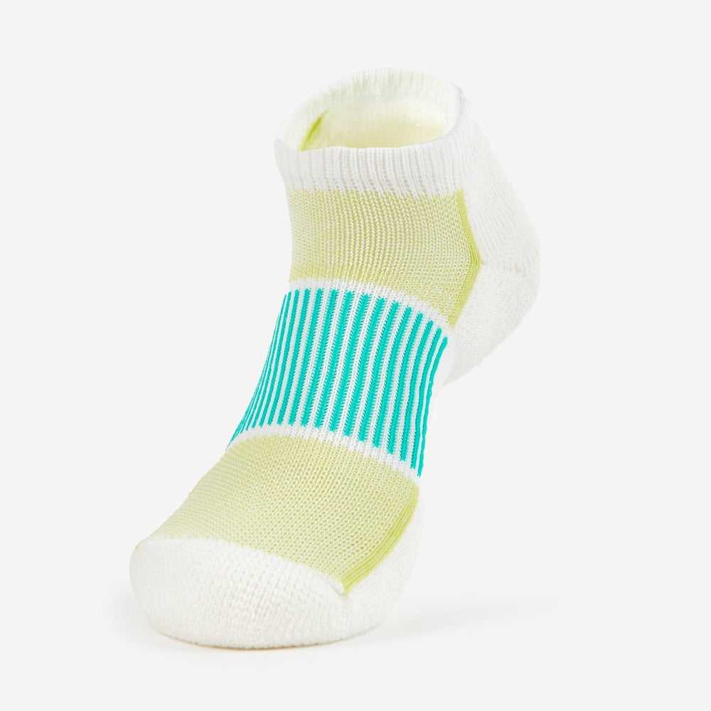 Thorlos women's low cut ankle sock in white with lime green and teal stripe detailing