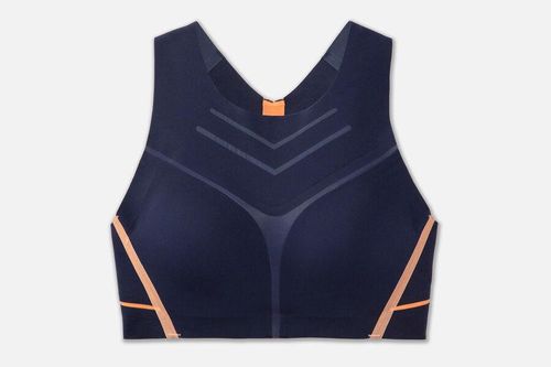 Brooks Dare high-neck sports bra in navy with coral trim details