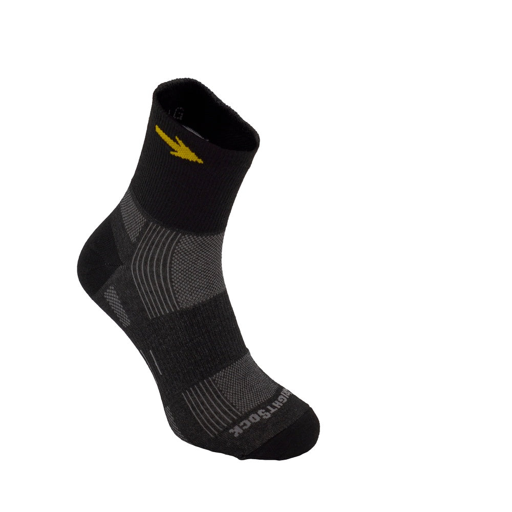 Black Wrightsock quarter length athletic sock with anti-blister technology and gray mesh panels