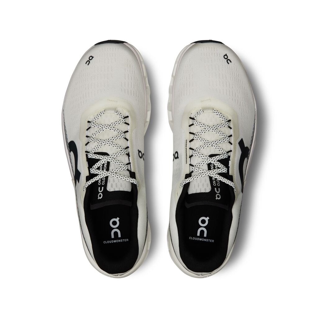 On Cloudmonster 2 running shoes in frost and rock colorway, top view