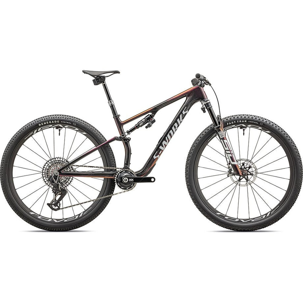 Specialized S-Works Epic 8 full suspension mountain bike in dark carbon with pink accents