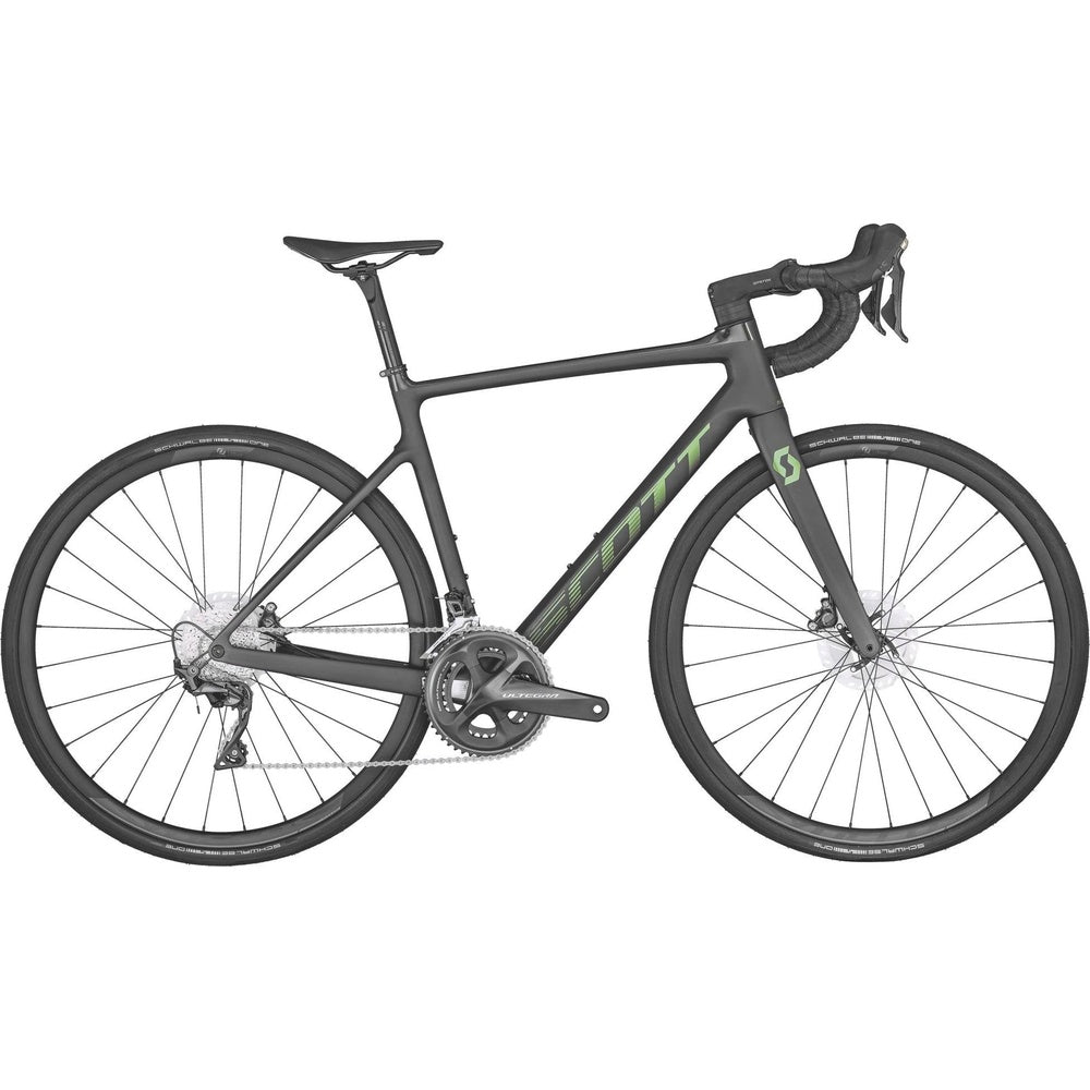Scott Addict 20 road bike in carbon black with green accents