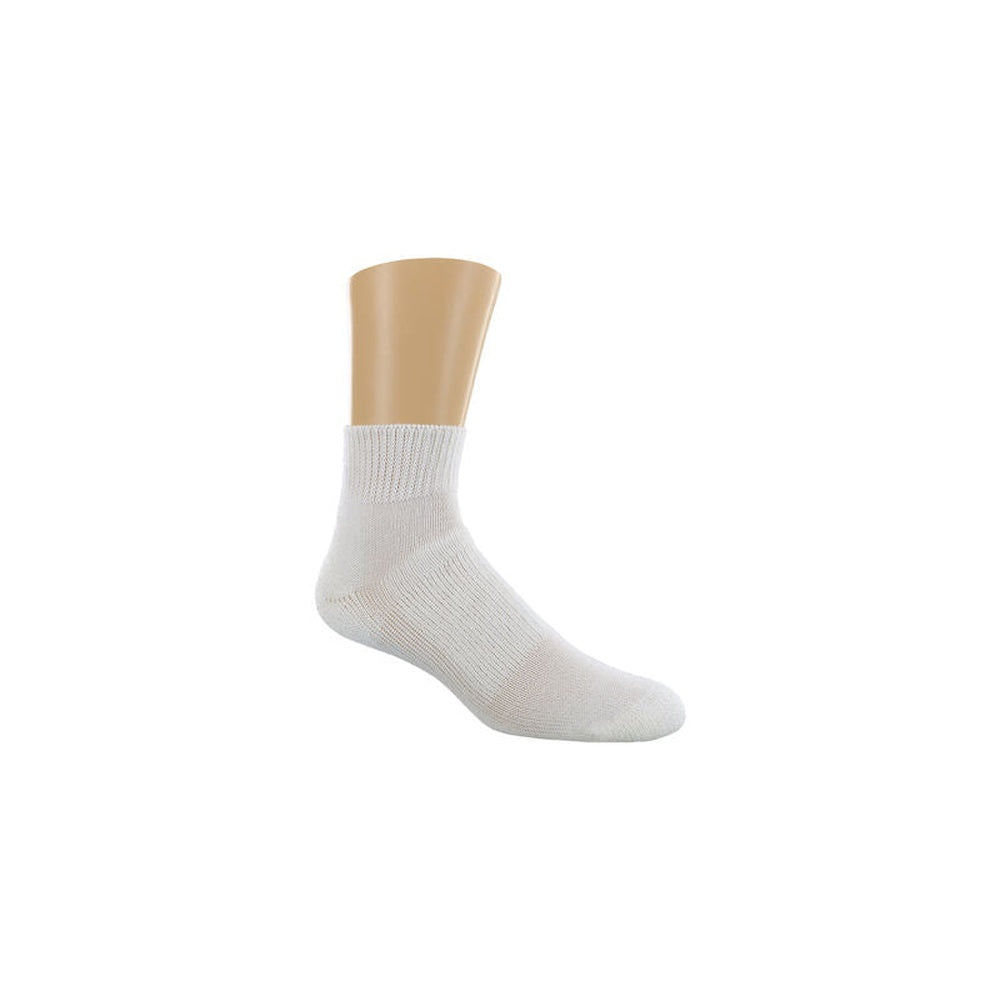 Thorlos Golf Moderate Cushion Mini Crew Sock in white on a foot mannequin
