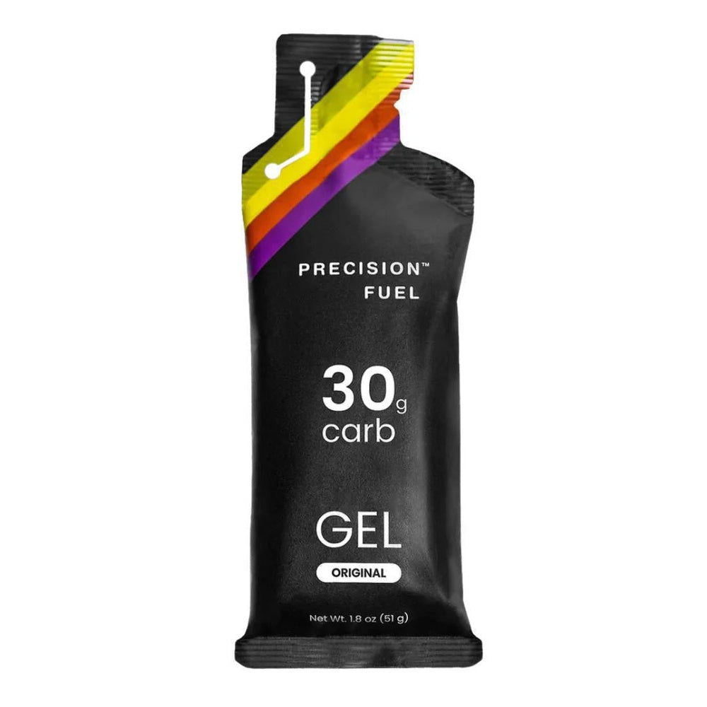 Precision Fuel 30g Carb Energy Gel single packet in black with rainbow stripe design