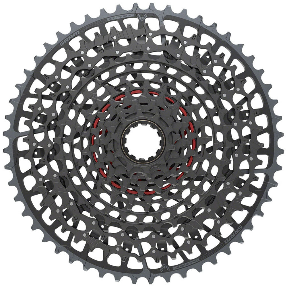 SRAM XS-1295 T-Type Eagle 12-speed cassette 10-52t in dark gray with red accents, front view