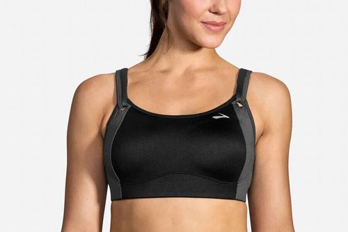 Brooks Fiona Sport Bra in black with gray straps on model
