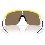 Oakley Sutro Lite matte yellow sunglasses viewed from rear showing lens interior and white temples