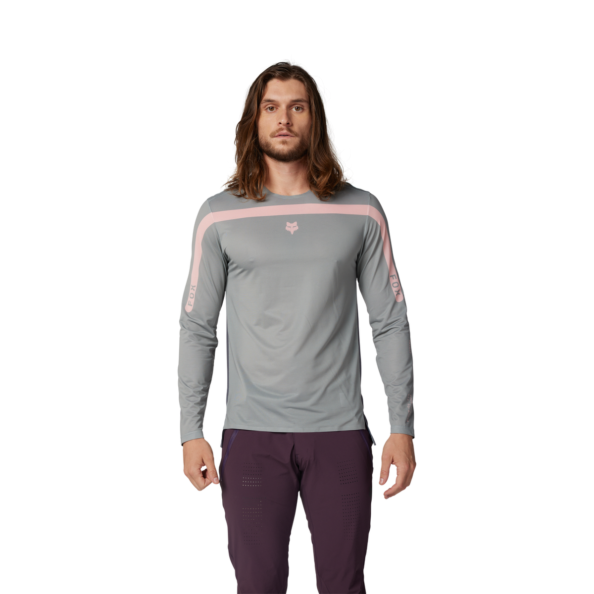 Fox Racing Flexair Aviation long sleeve jersey in grey with pink stripe detail on male model