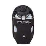 Single Fitletic black neoprene water bottle holster with 8oz clear bottle inserted