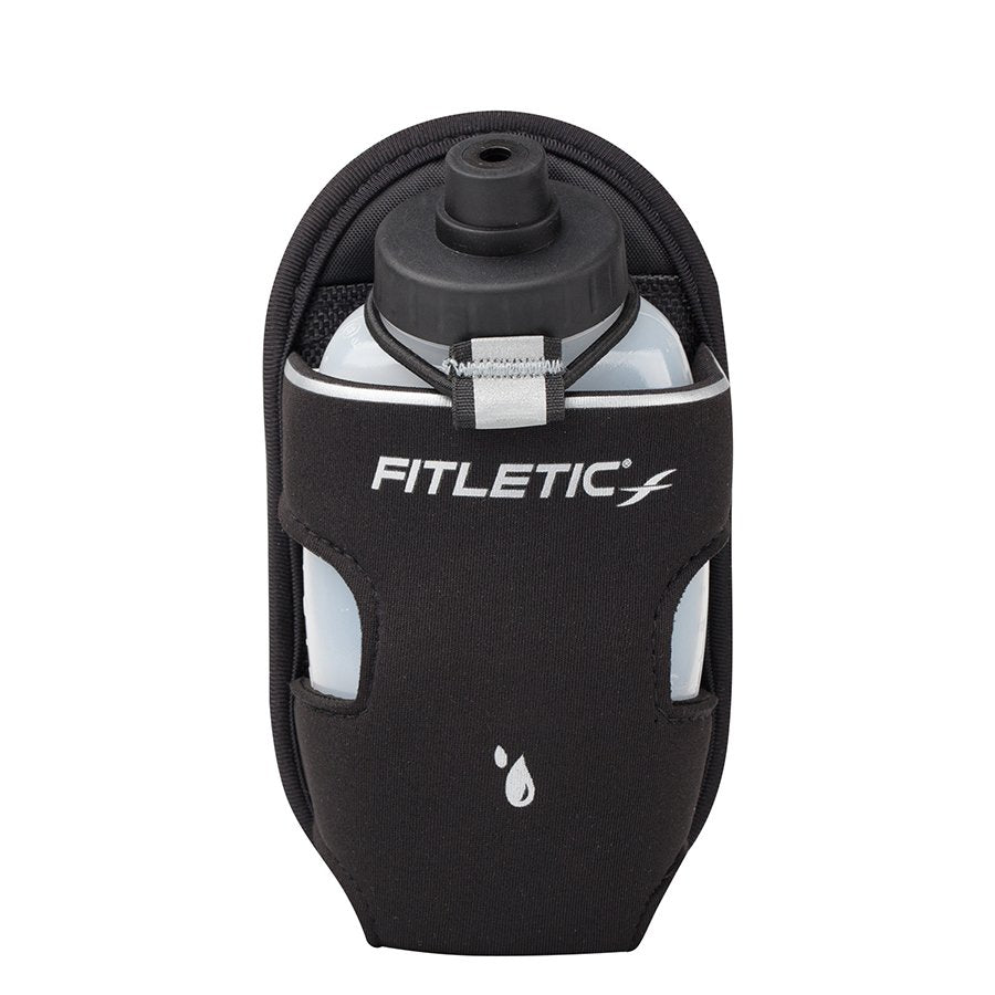 Single Fitletic black neoprene water bottle holster with 8oz clear bottle inserted