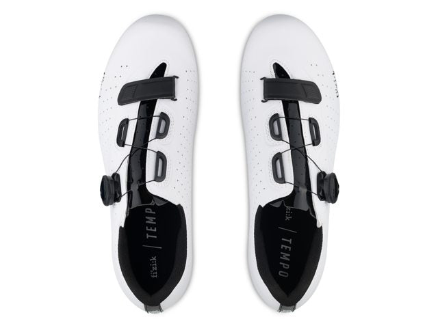 Fizik Tempo Overcurve R5 white cycling shoes with black straps and BOA dials