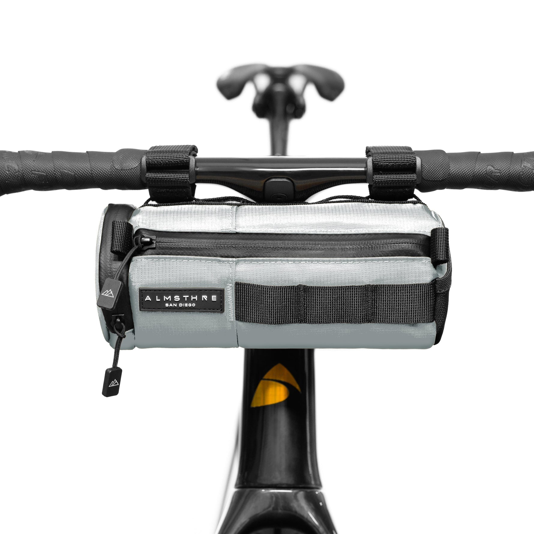 Almsthre compact bar bag in sterling gray mounted on bicycle handlebars