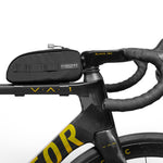 Black ALMSTHRE top tube bike bag mounted on bicycle handlebars with clean white background