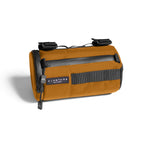 Orange Almsthre bicycle handlebar bag with gray trim and attachment straps