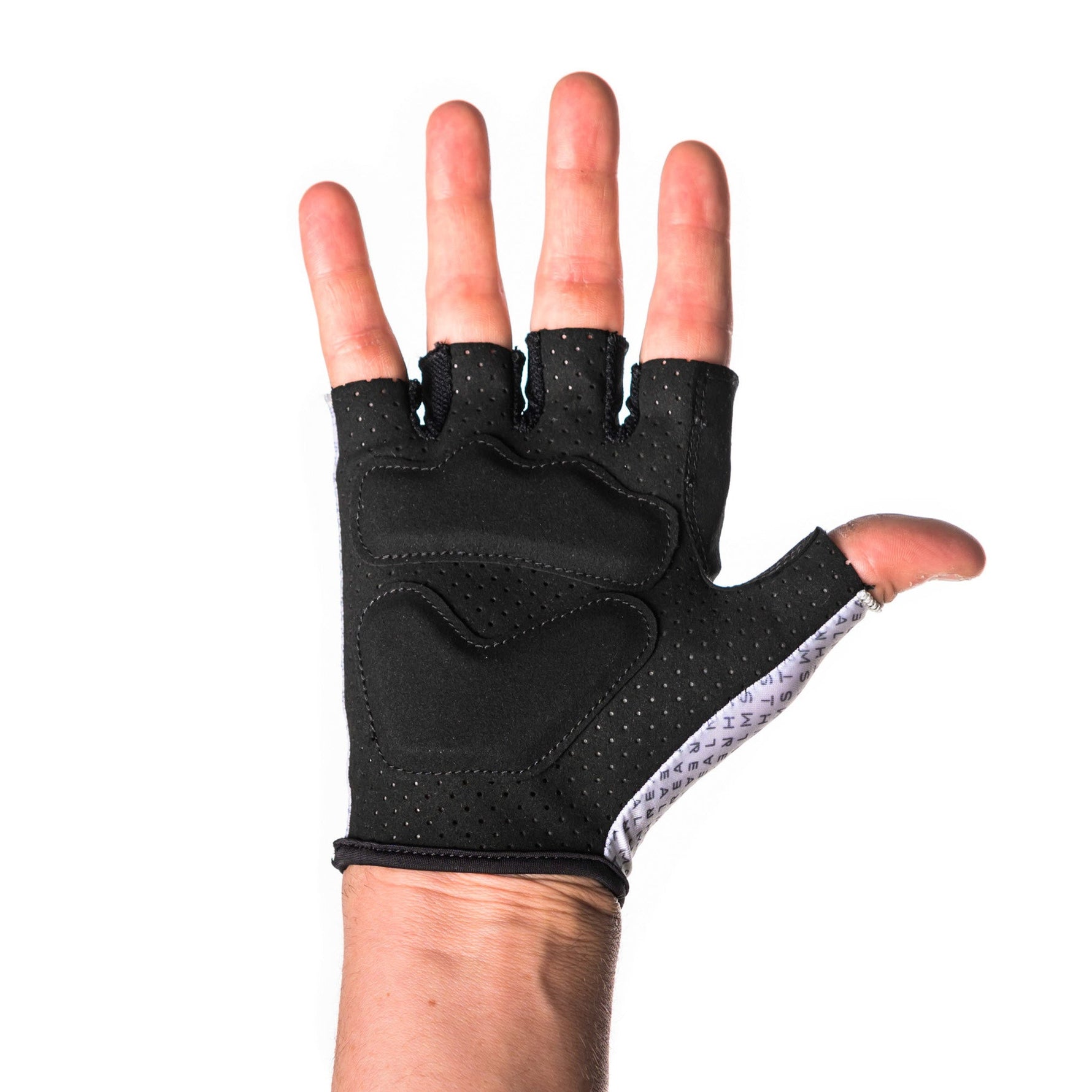 Black fingerless cycling glove with padded palm and white patterned side panel