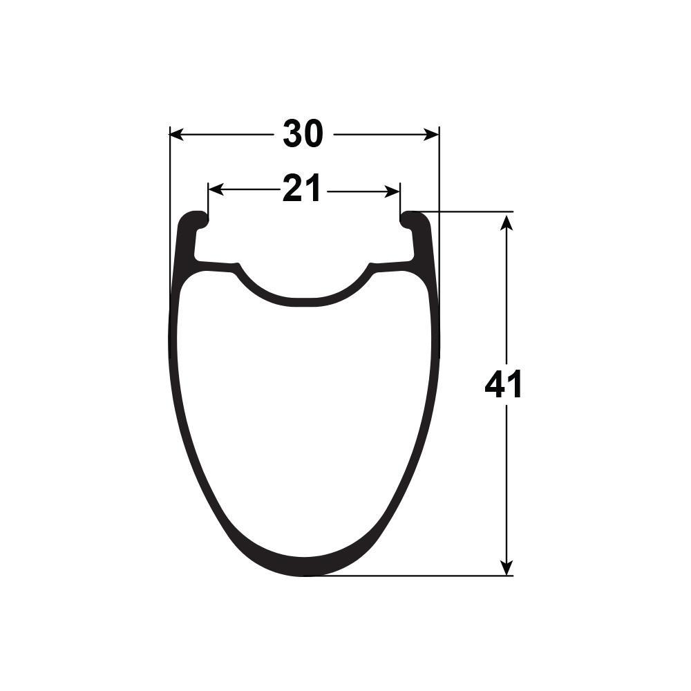 Technical cross-section diagram of Reynolds AR41 rim showing 30mm external, 21mm internal width and 41mm depth