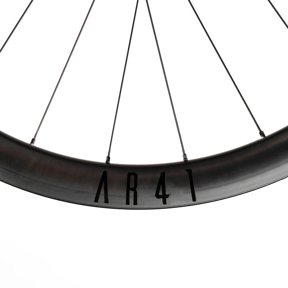 Close-up detail of Reynolds AR41 carbon rim sidewall showing model name lettering