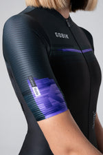 Gobik women's cycling jersey in black with purple gradient sleeve details