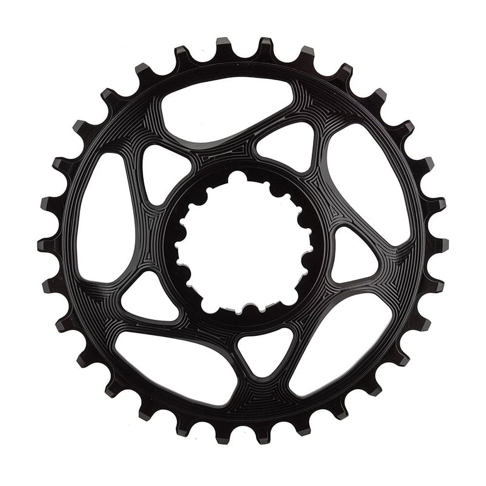 Black oval chainring with splined center mount and decorative cutout pattern