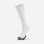 Thorlos white over-calf basketball sock with blue cushioned toe on neutral background