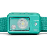 Black Diamond Cosmo headlamp front view showing dual LED lights and Black Diamond logo in teal