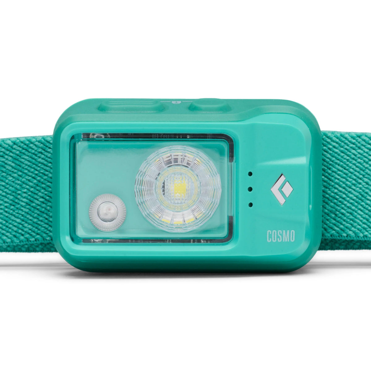 Black Diamond Cosmo headlamp front view showing dual LED lights and Black Diamond logo in teal
