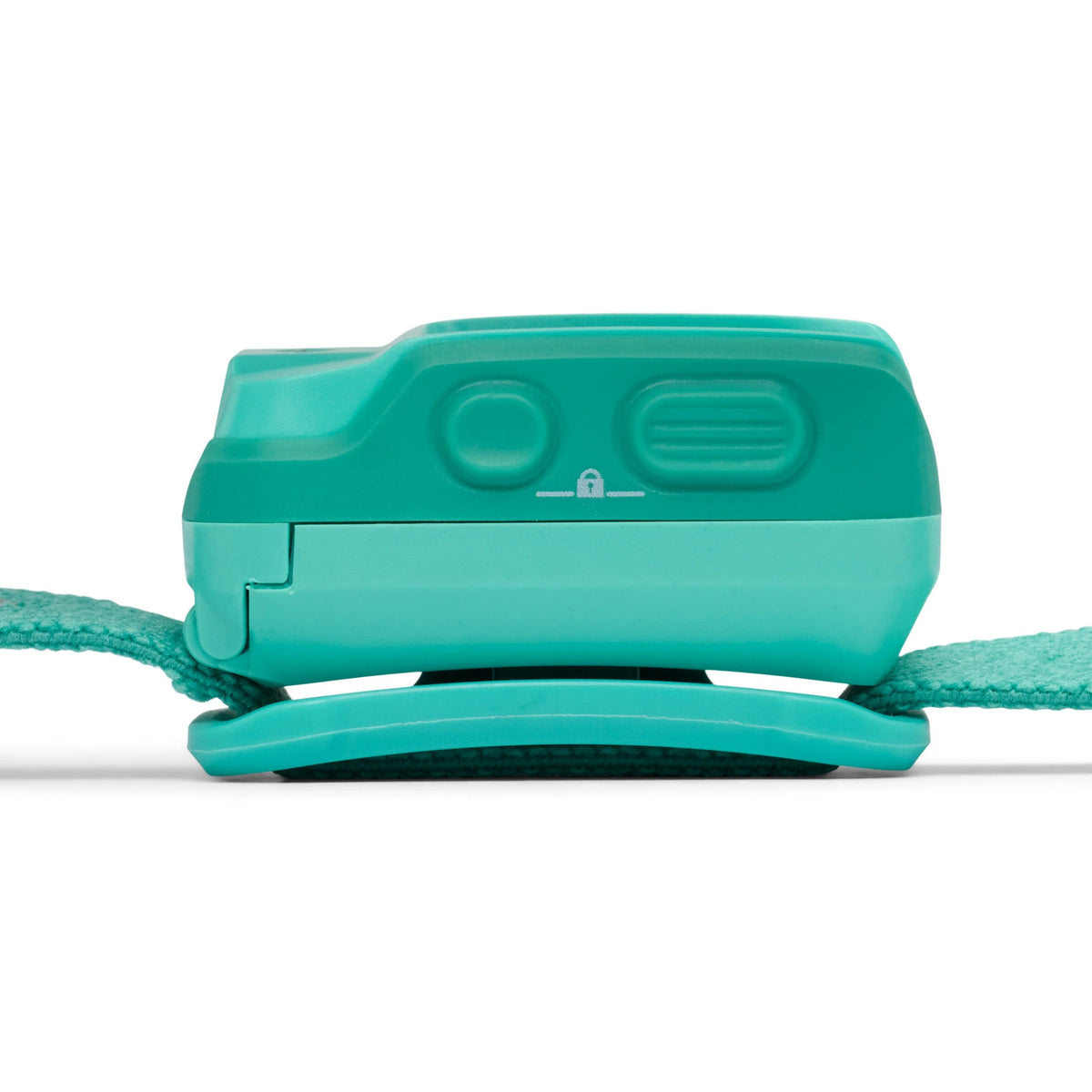 Black Diamond Cosmo headlamp top view showing two control buttons and tilt mechanism in teal green